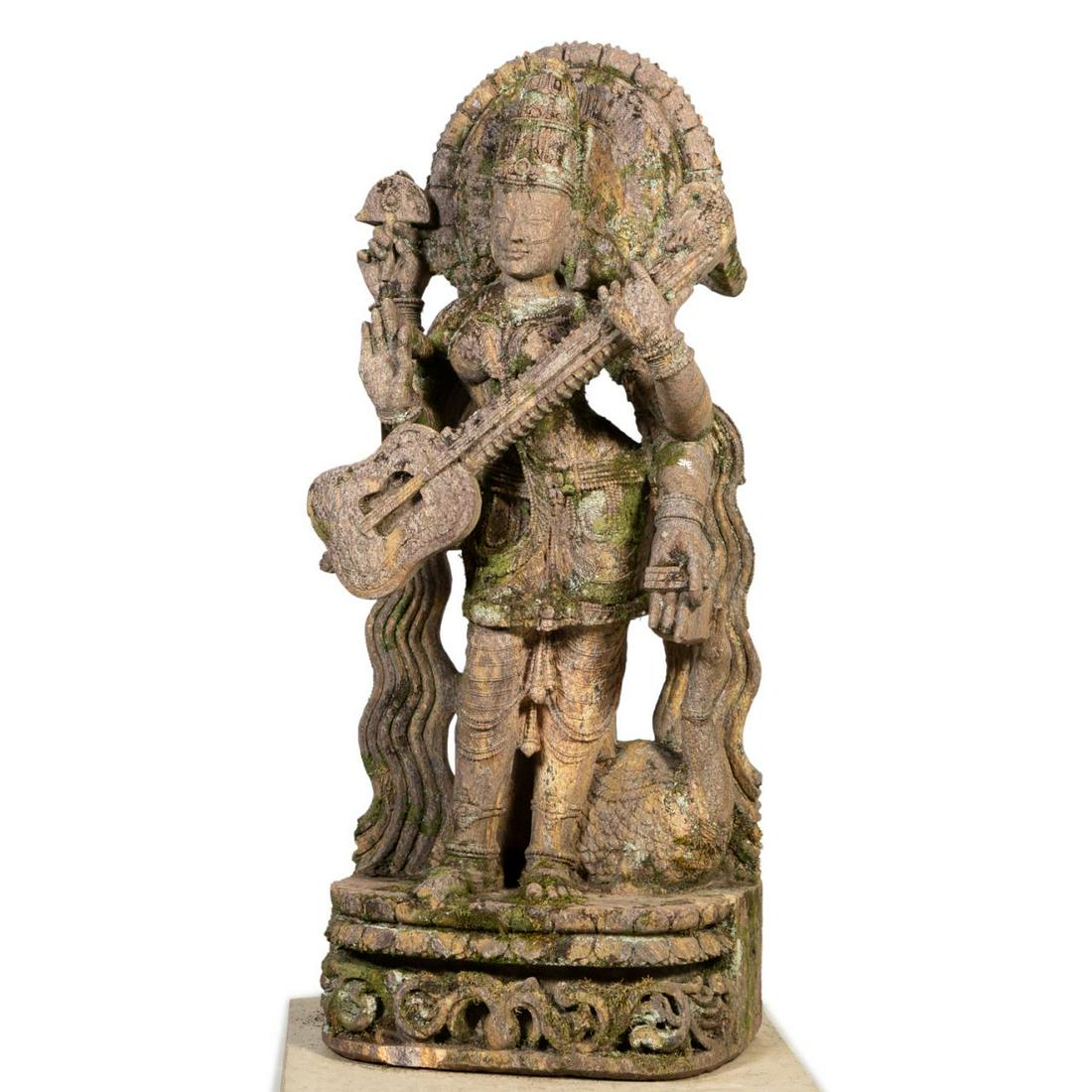 CARVED RED SANDSTONE GODDESS SARASWATI (1 of 6)