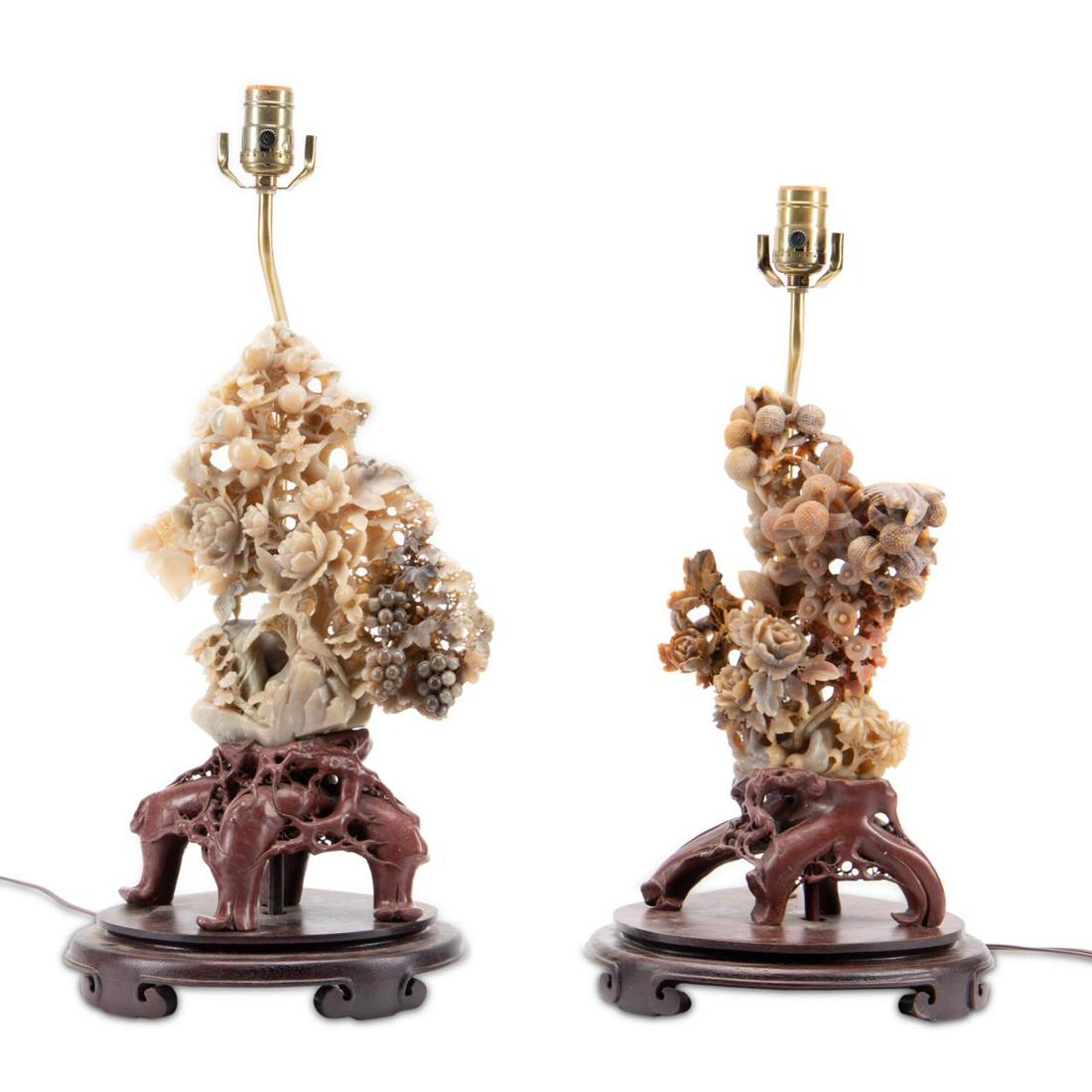 NEAR PAIR OF CARVED CHINESE SOAPSTONE TABLE LAMPS (1 of 7)