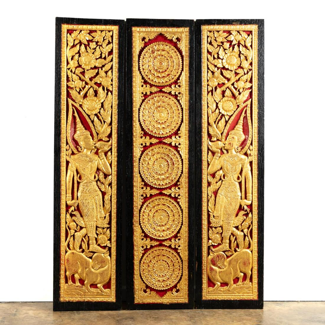 THREE THAI PARCEL GILT WOODEN TEMPLE PANELS (1 of 5)
