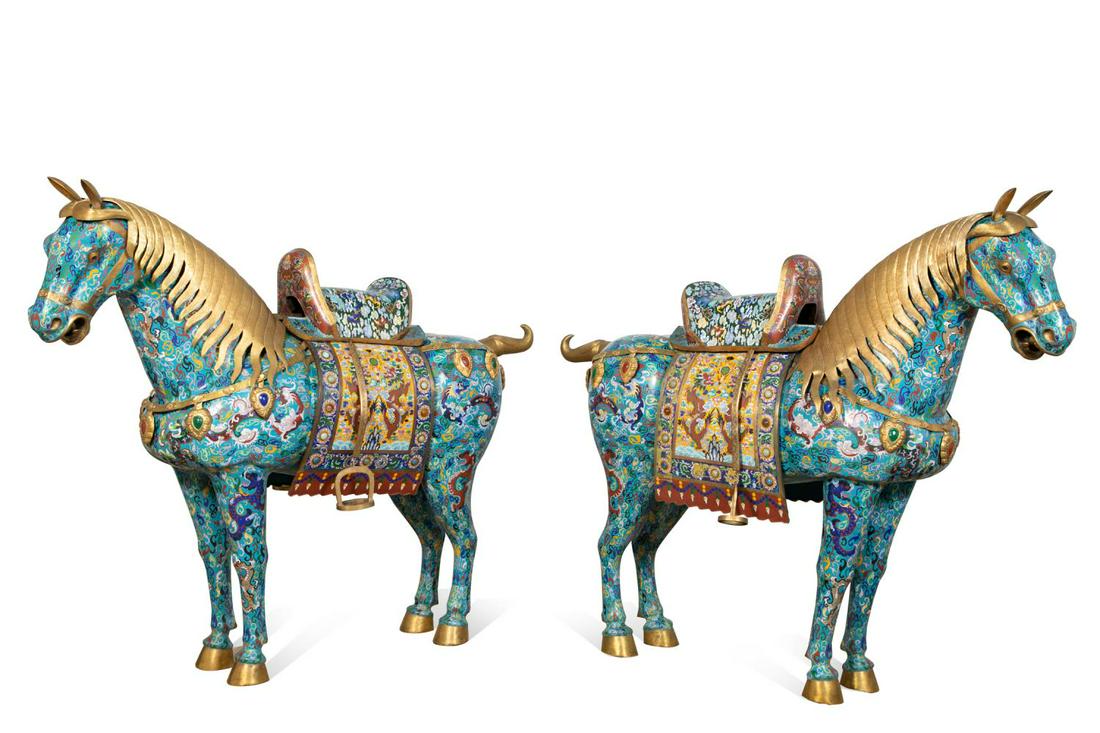PAIR OF MONUMENTAL CHINESE CLOISONNE HORSES (1 of 12)