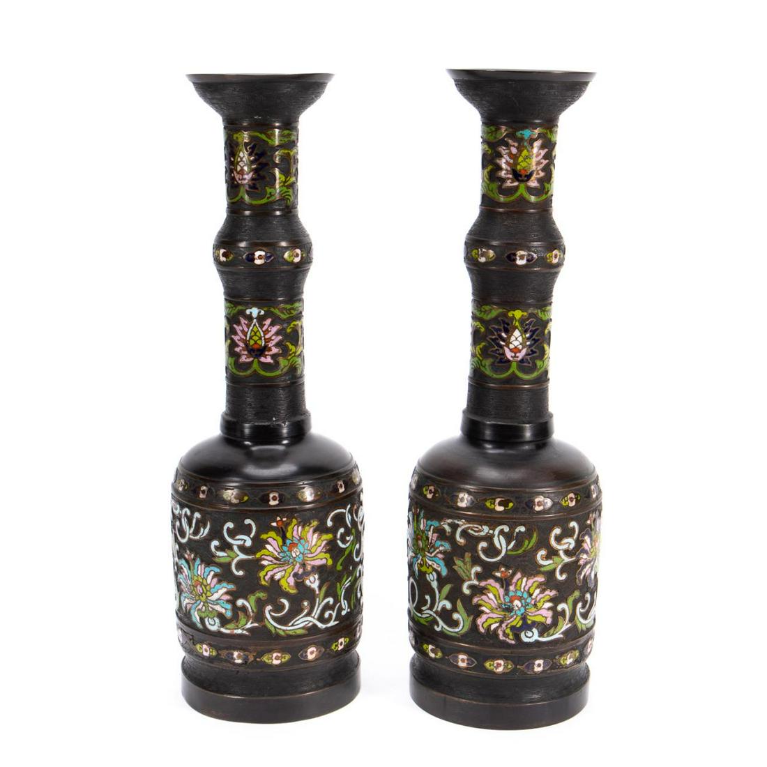 PAIR OF JAPANESE BRONZE CHAMPLEVE CANDLE HOLDERS (1 of 6)