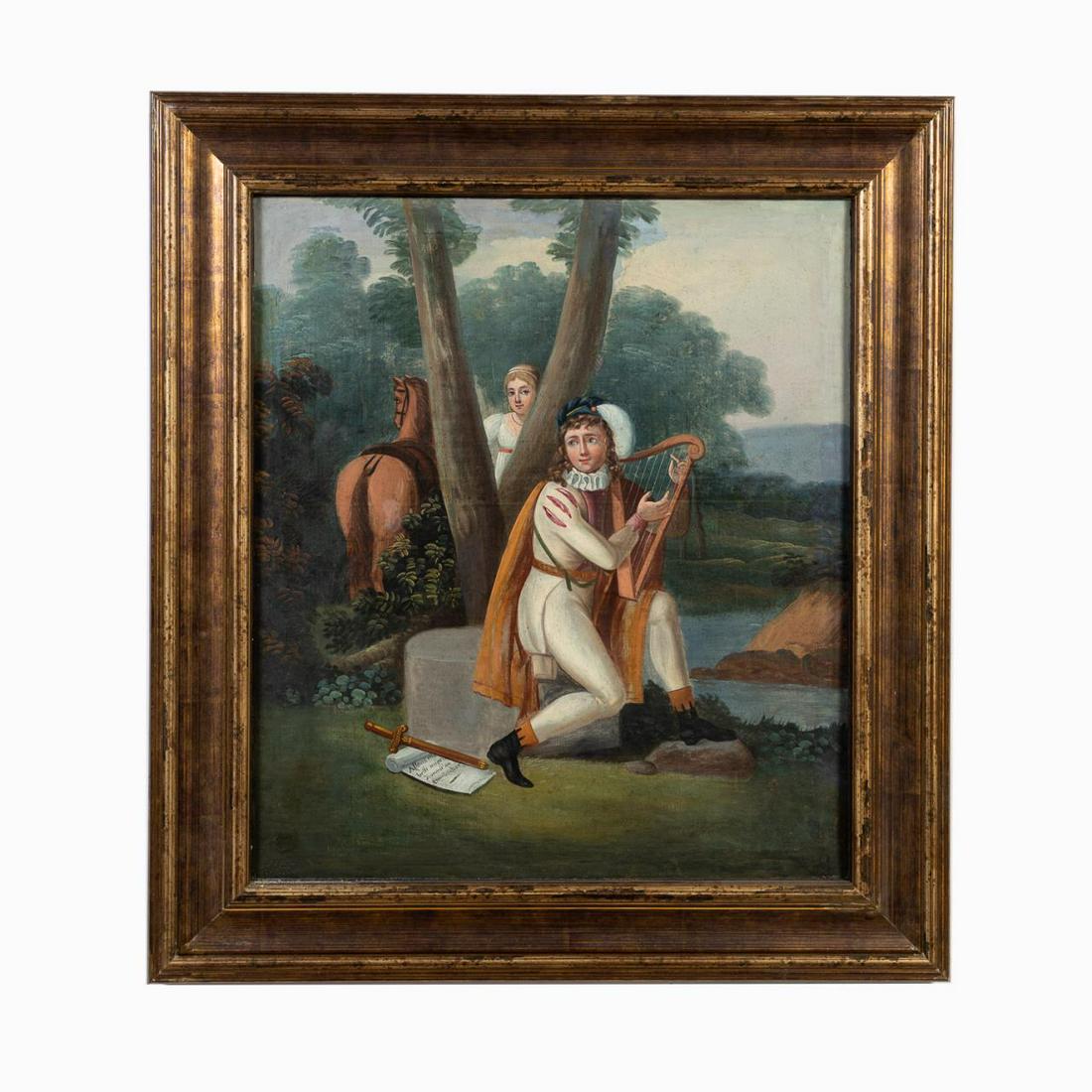 FRENCH SCHOOL,"TROUBADOUR COURTING", FRAMED OIL: French School, late 19th century, oil on canvas, "Troubadour Courting", painting depicting a troubadour playing a harp in a landscape with a love letter at his foot, a young woman with horse listening