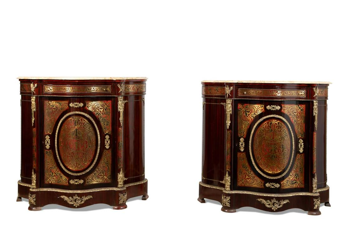 PAIR OF LOUIS XVI BOULLE STYLE MARBLE TOP CABINETS (1 of 15)