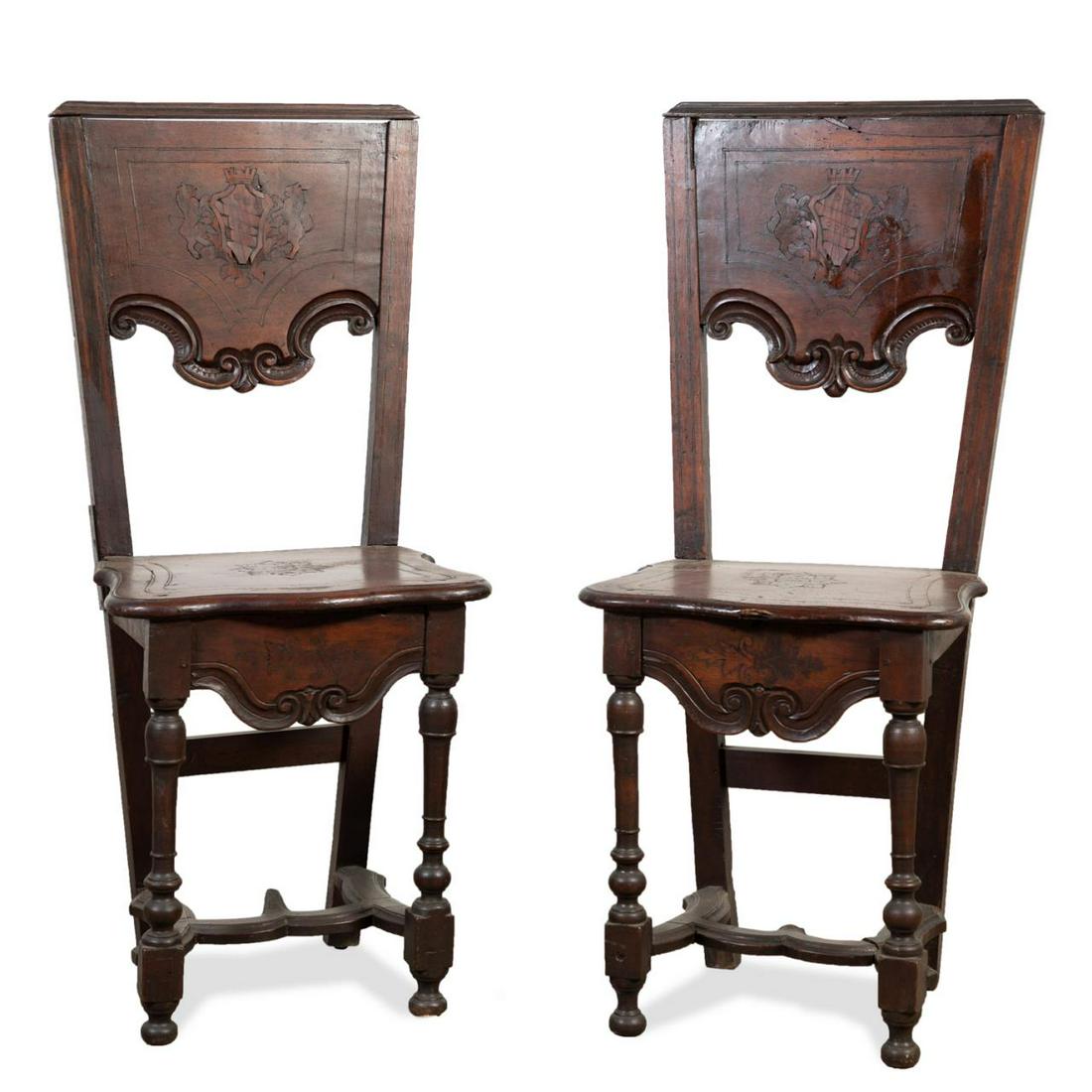 PAIR, 18TH C. ITALIAN BAROQUE WALNUT HALL CHAIRS (1 of 10)