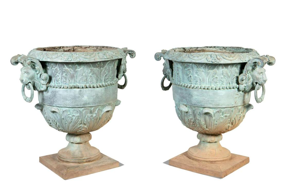 PAIR, OVERSIZED BAROQUE STYLE BRONZE GARDEN URNS (1 of 5)