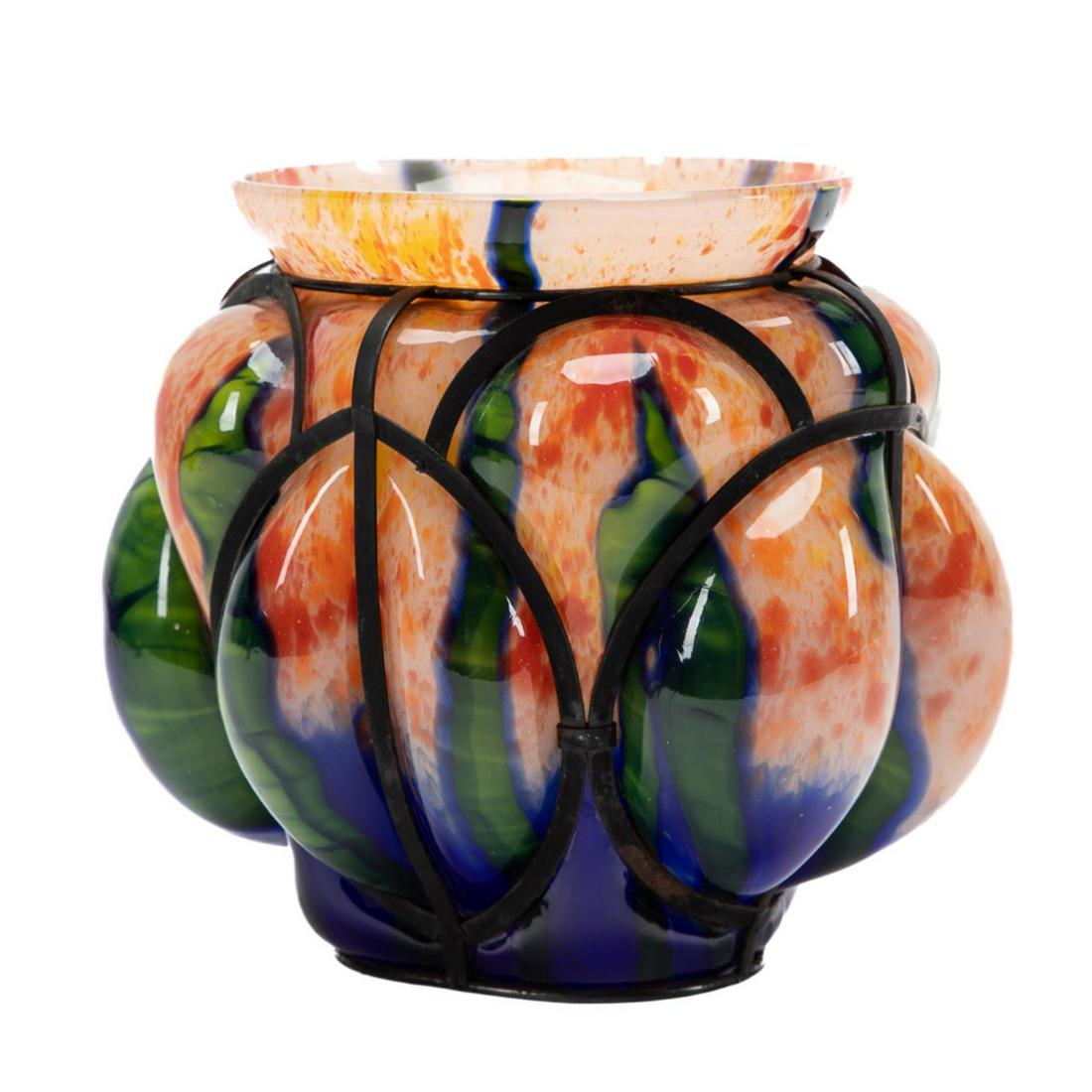 KRALIK STYLE LEAF PATTERNED ART GLASS CAGED VASE (1 of 5)