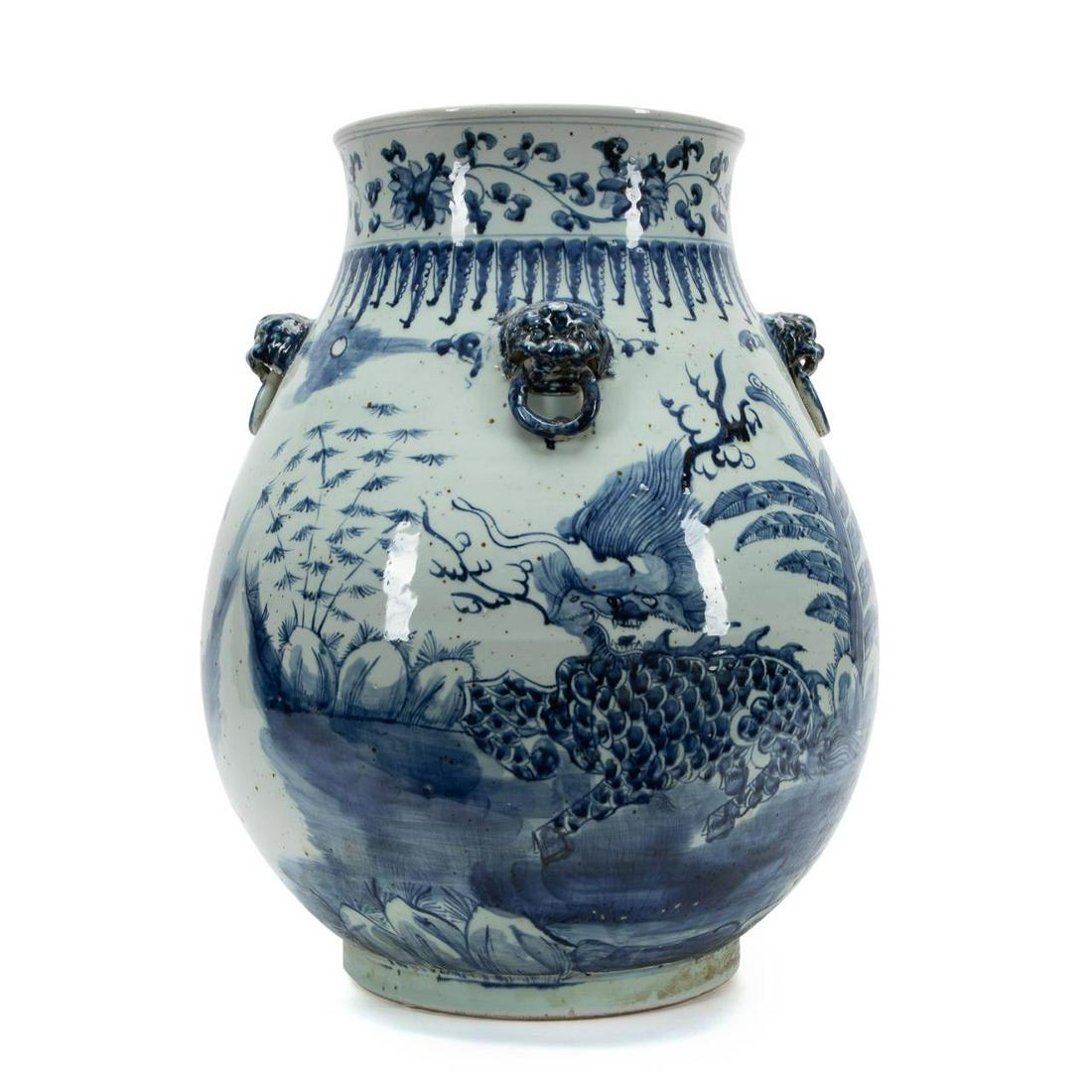 LARGE CHINESE BLUE AND WHITE HU VASE W/ QILIN (1 of 6)