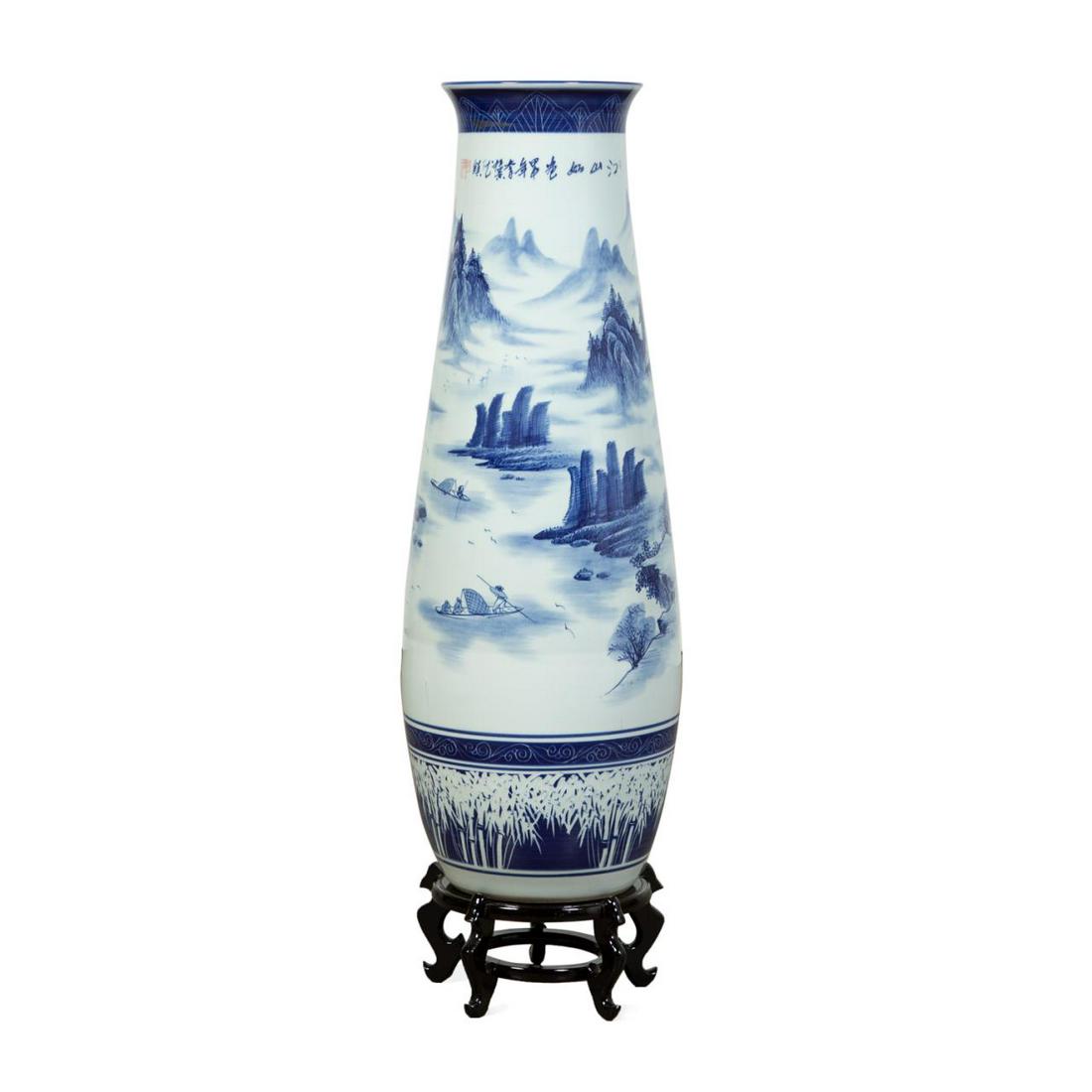 LARGE CHINESE BLUE & WHITE VASE W/ STAND (1 of 7)