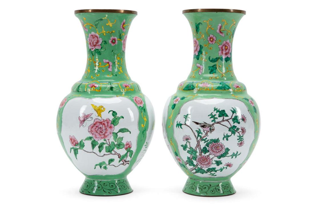 PAIR CHINESE CANTON ENAMELED BIRD & FLOWER VASES (1 of 6)