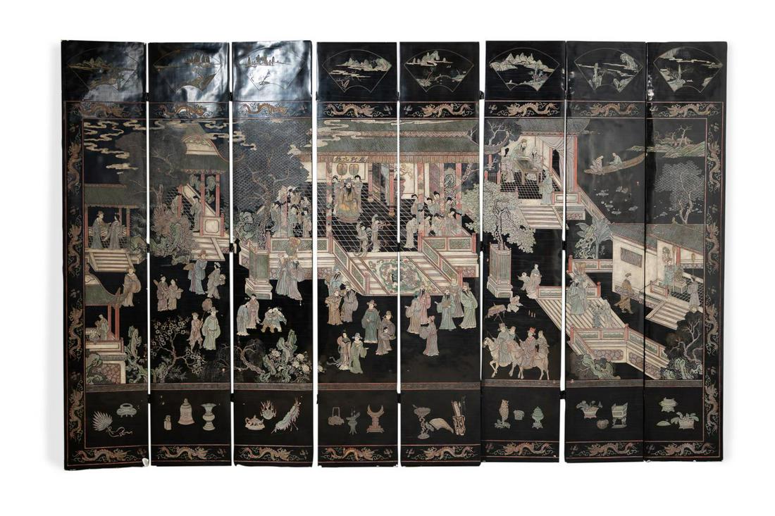EIGHT PANEL ASIAN BLACK LACQUER SCREEN (1 of 9)