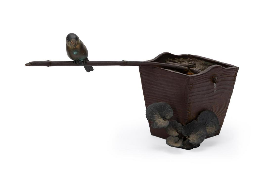ASIAN BRONZE SCULPTURE OF BUCKET AND BIRD (1 of 6)