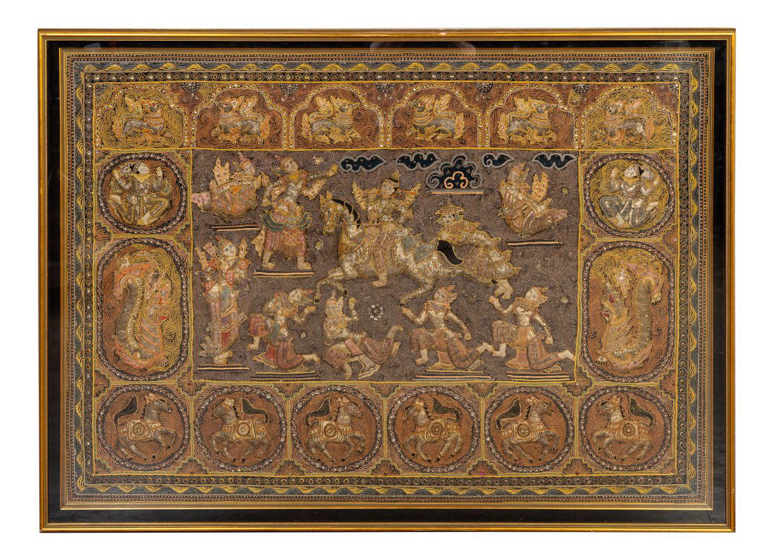 FRAMED VINTAGE BURMESE KALAGA EMBROIDERY (1 of 5)