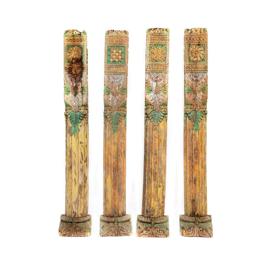 SOUTHEAST ASIAN CARVED POLYCHROME PILASTERS, 4PC (1 of 6)