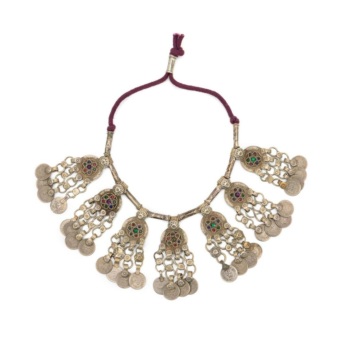 AFGHAN SILVERED METAL & GLASS KUCHI COIN NECKLACE (1 of 4)
