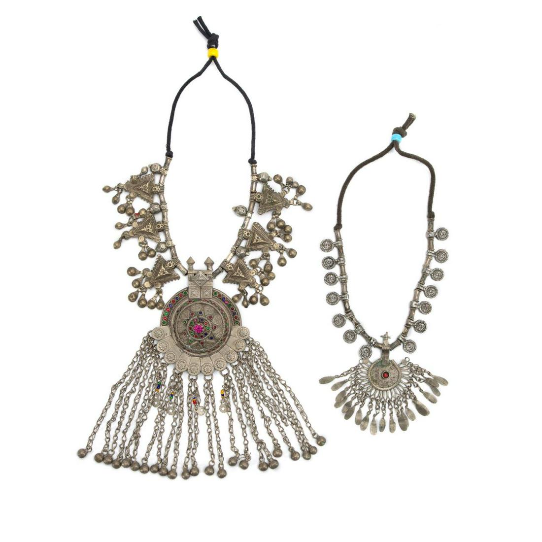 TWO AFGHAN SILVERED METAL AND GLASS NECKLACES (1 of 6)