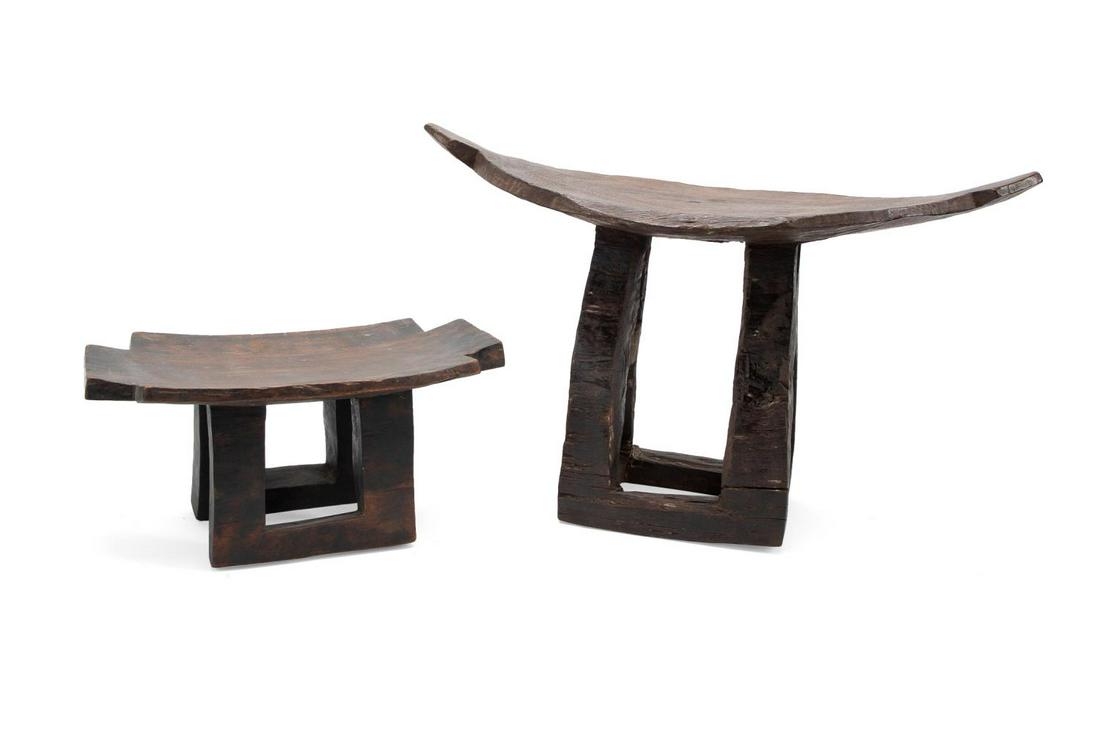 TWO AFRICAN CARVED WOODEN SHORT STOOLS (1 of 7)