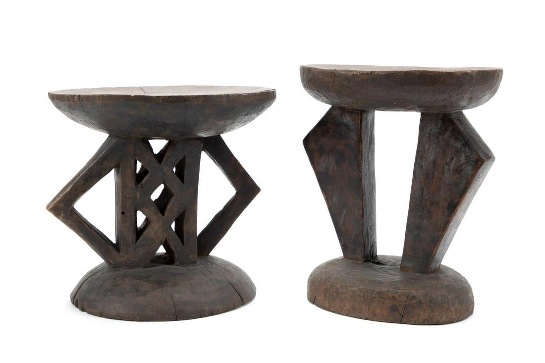 TWO AFRICAN CARVED WOODEN STOOLS, GEOMETRIC LEGS (1 of 7)