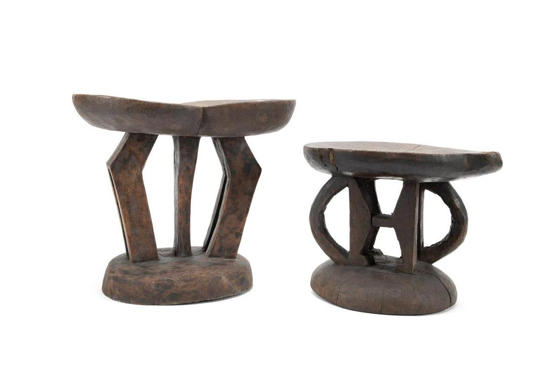 TWO AFRICAN GEOMETRIC LEG CARVED WOODEN STOOLS (1 of 8)