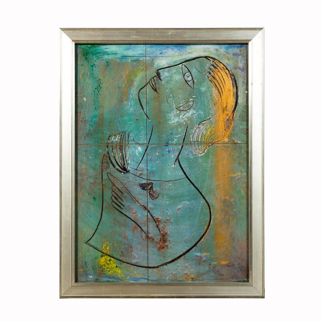 JAMALI "UNTITLED" FACE MM ON BOARD: Jamali (Pakistani/American b.1944), "Untitled Face", pigment on paper on board backed to board, depicting an abstract face looking skyward, having no apparent signature, with a Jamali Gallery, Winter