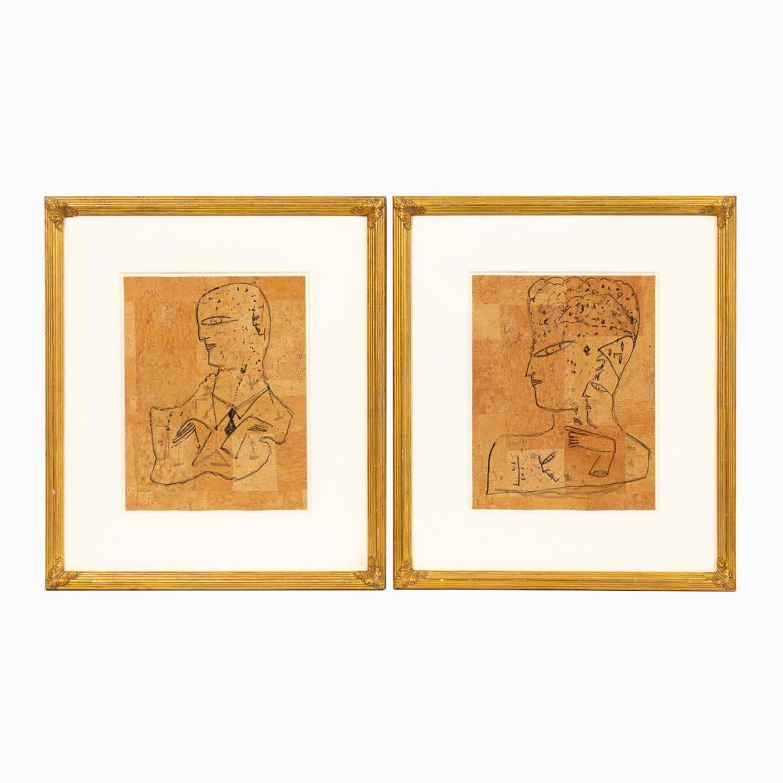 TWO JAMALI FIGURAL WORKS ON CORK: Two Jamali (Pakistani/American b.1944), "Untitled", mixed media drawings on cork, depicting faces, having no apparent signatures, each with a Jamali and Art and Peace Inc, Winter Park Florida, signed