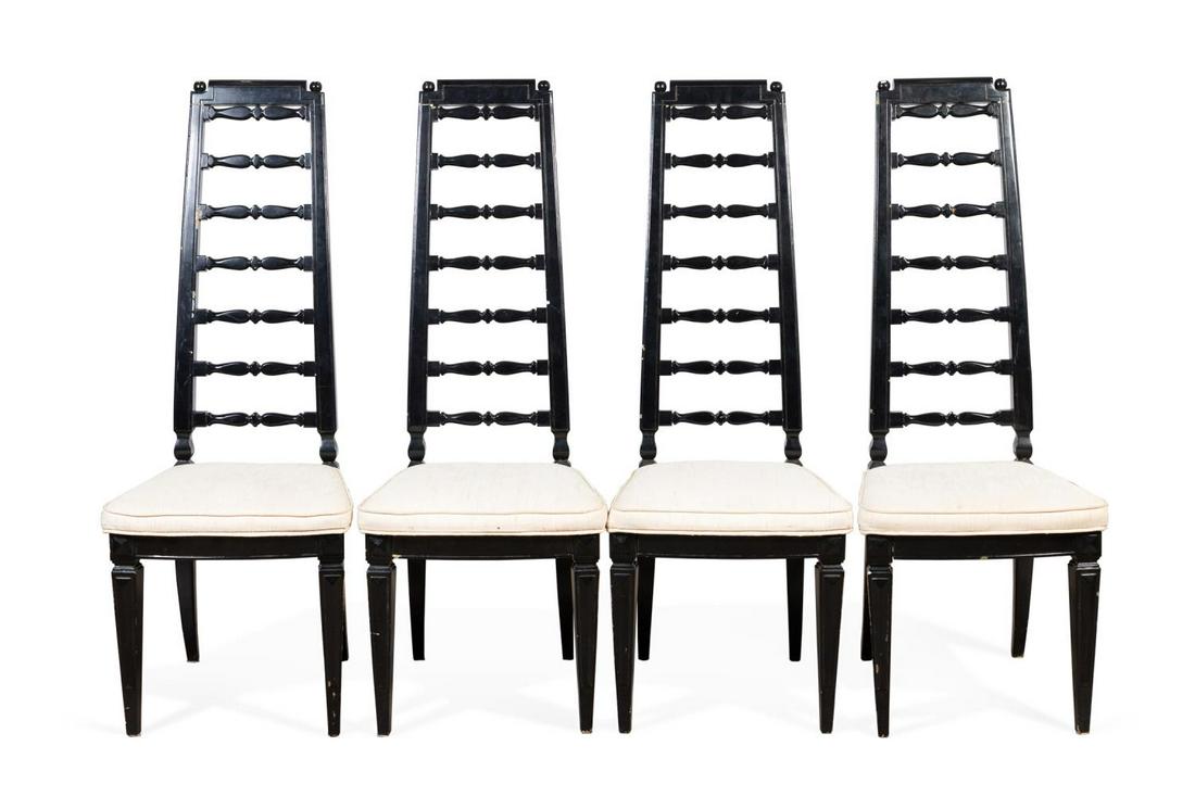 FOUR HOLLYWOOD REGENCY BLACK LACQUER SIDE CHAIRS (1 of 6)