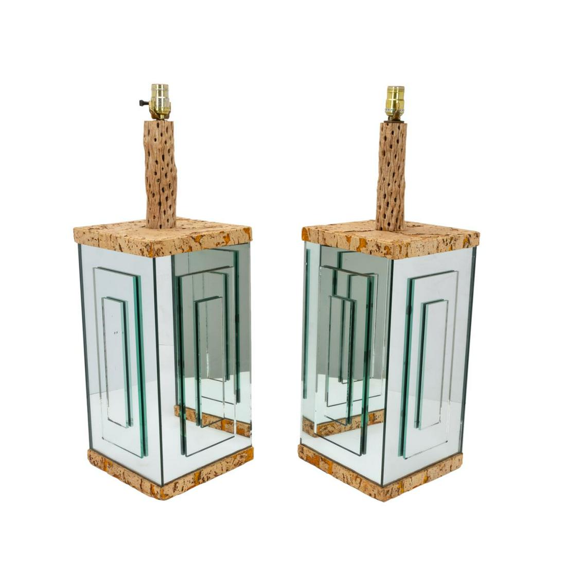 PAIR OF CORK AND MIRRORED TABLE LAMPS, CIRCA 1970 (1 of 6)