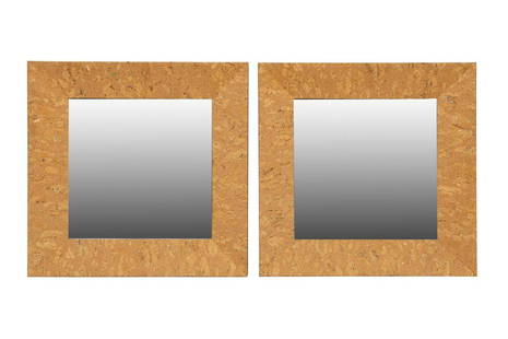 PAIR, 1970'S PAUL FRANKL STYLE CORK SQUARE MIRRORS: Pair of American, mid 20th century, square form cork mirrors, in the style of Paul Frankl (Austrian / American), apparently unmarked. Approx. h. 38", w. 38.25", d. 3".