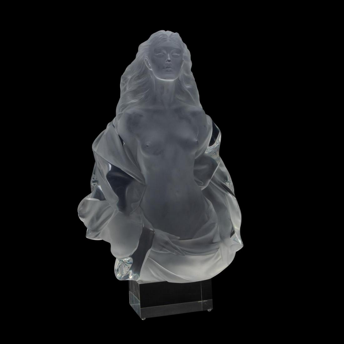 FREDERICK HART, "FIDELIA", LUCITE SCULPTURE: Frederick Hart (American 1943-1999), "Fidelia", 1988, acrylic half length sculpture of a draped nude female, on plinth base, signed "(C) 1988 F. Hart/SGL XL/LX FAA", to back right of figure. Approx. h