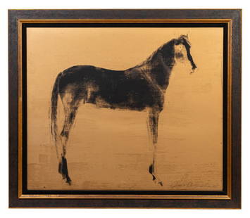 JOE ANDOE, HORSE SILKSCREEN, 1995: Joe Andoe (American b. 1955), "Horse (Gold Reversal)", 1995, 11-color silkscreen, depicting a standing profile of a horse, signed to lower right, framed. Approx. Overall h. 48.5", w. 56.75", d.