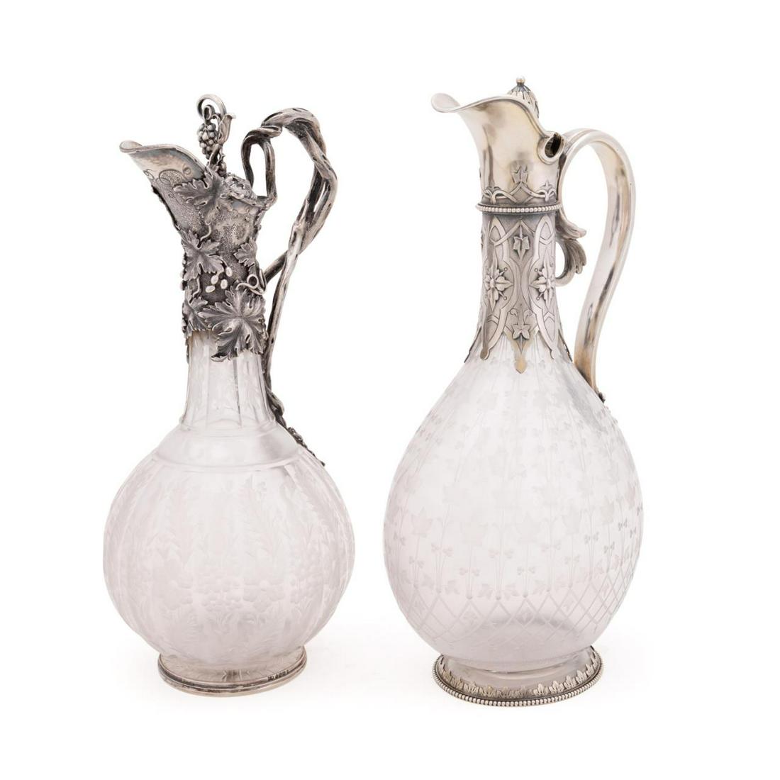 2 ENGLISH SILVER MOUNTED ETCHED GLASS CLARET JUGS (1 of 11)