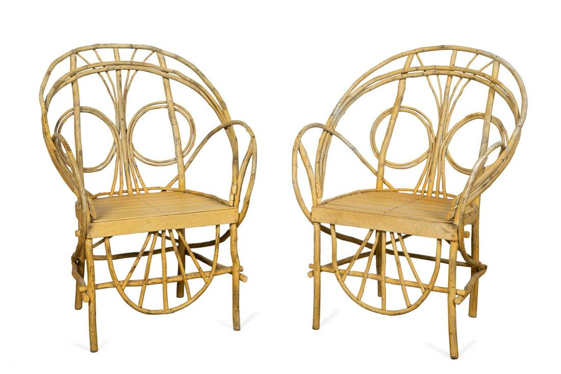 PR., ADIRONDACK YELLOW SCROLLED WILLOW ARMCHAIRS (1 of 7)