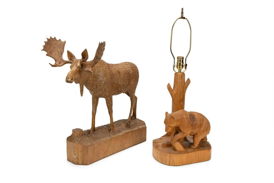 DUBE FAMILY CARVED BLACK BEAR LAMP & WOOD MOOSE (1 of 7)