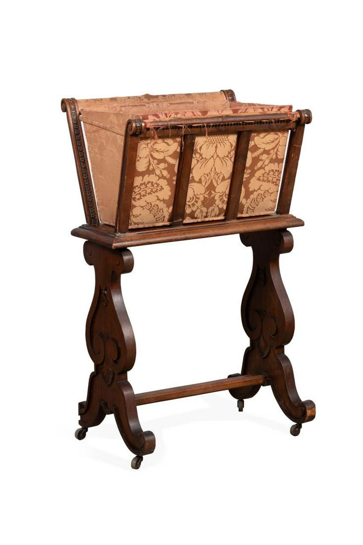 BROCADE WORK BASKET ON CARVED OAK STAND (1 of 4)