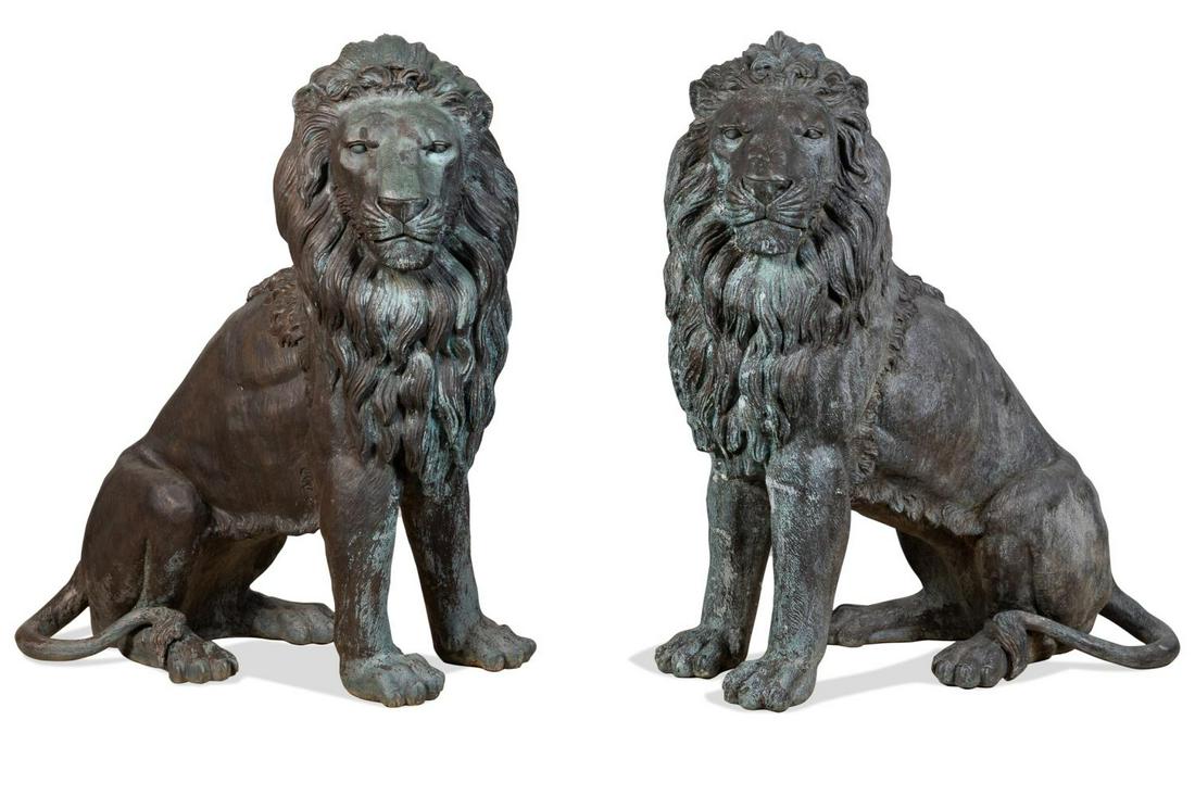 PAIR, LARGE BRONZE GUARDIAN LIONS, 56" TALL (1 of 7)