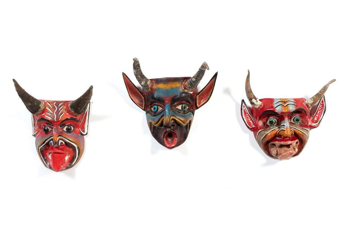3 PC, MEXICAN POLYCHROME FOLK ART DIABLO MASKS (1 of 5)