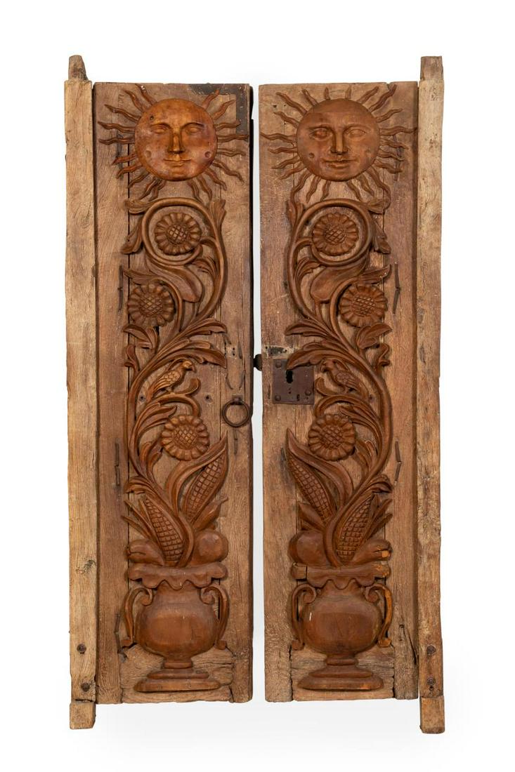 PAIR OF MEXICAN CARVED WOODEN SUN MOTIF DOORS (1 of 7)