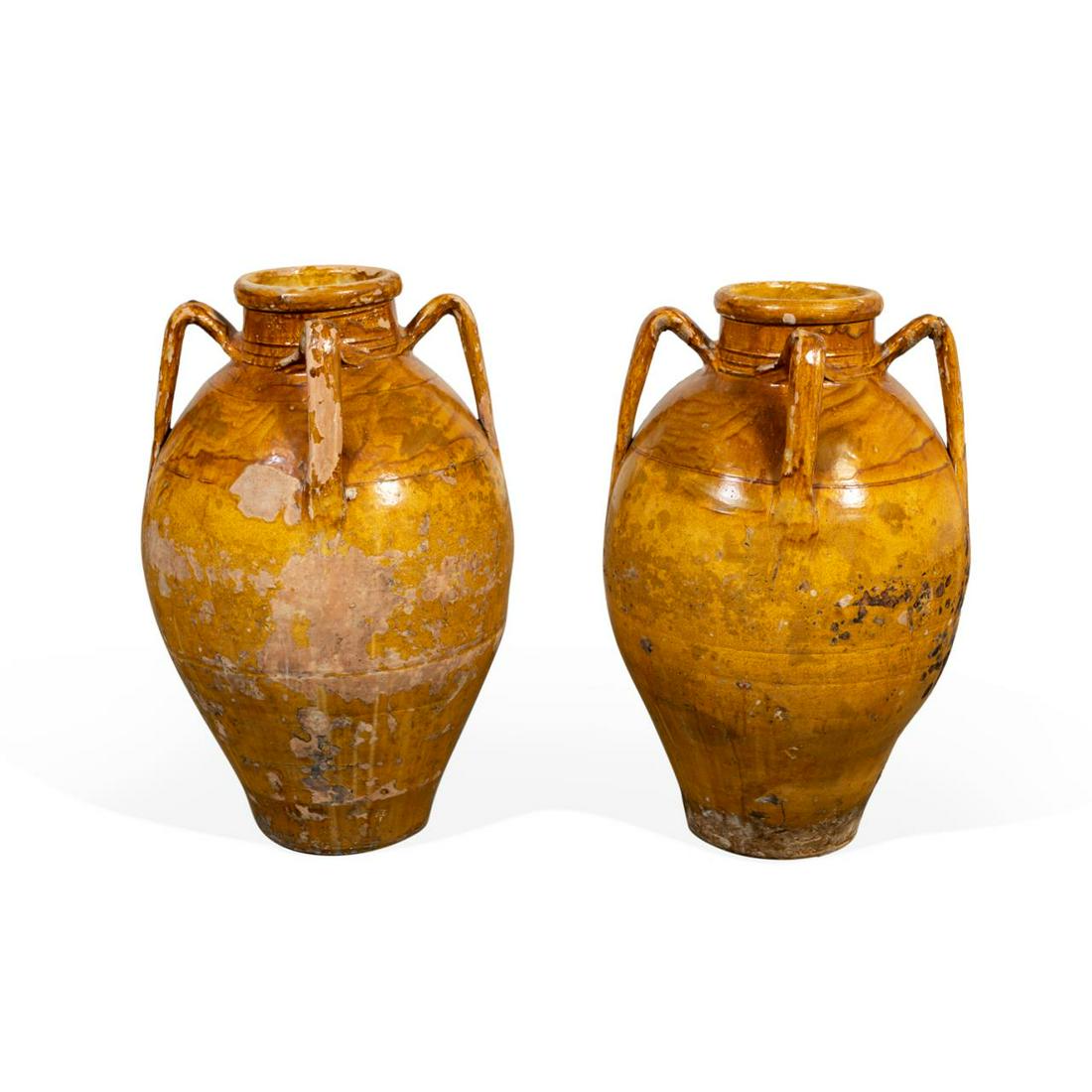 PAIR, LARGE MUSTARD GLAZED FOUR HANDLE OLIVE JARS (1 of 5)