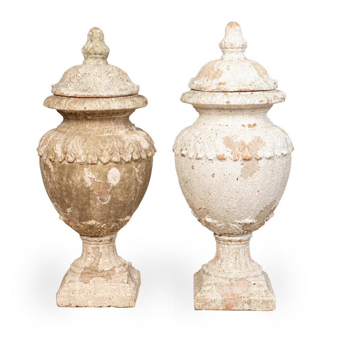 PAIR OF DISTRESSED PAINTED TERRA COTTA GARDEN URNS (1 of 7)