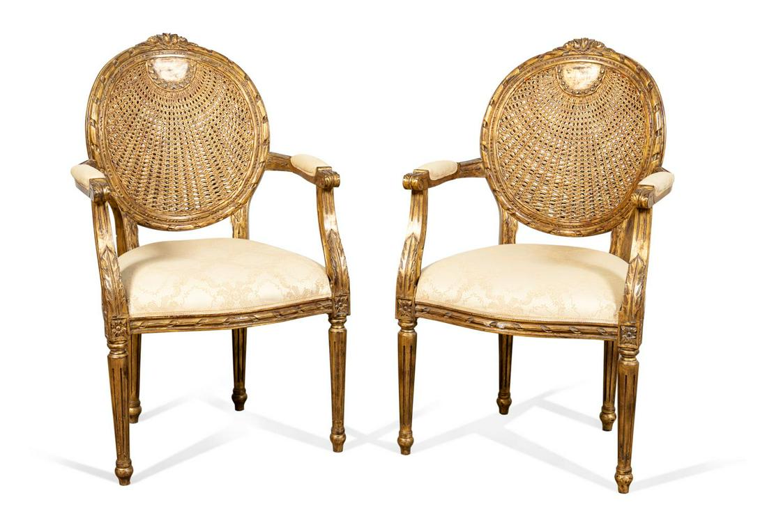 PR., NEOCLASSICAL STYLE GILT DOUBLE CANE ARMCHAIRS (1 of 4)