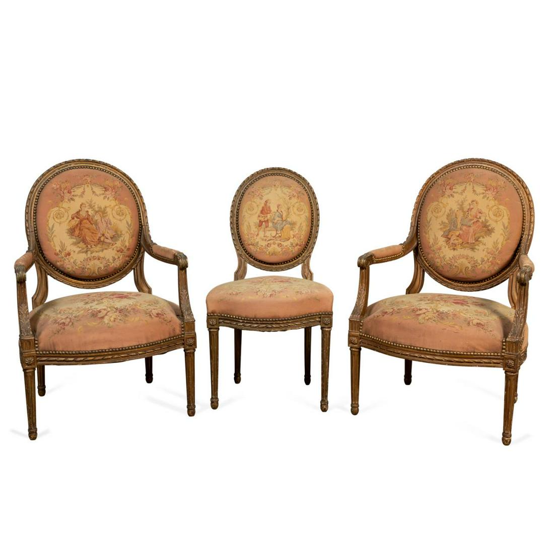 THREE LOUIS XVI STYLE AUBUSSON TYPE CHAIRS (1 of 9)