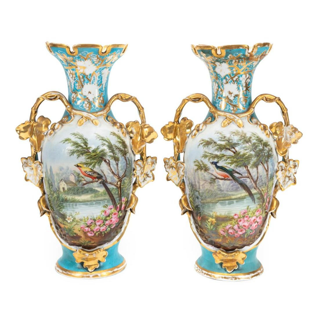 PR., 19TH C. PARIS PORCELAIN BLUE BIRD VASES (1 of 8)