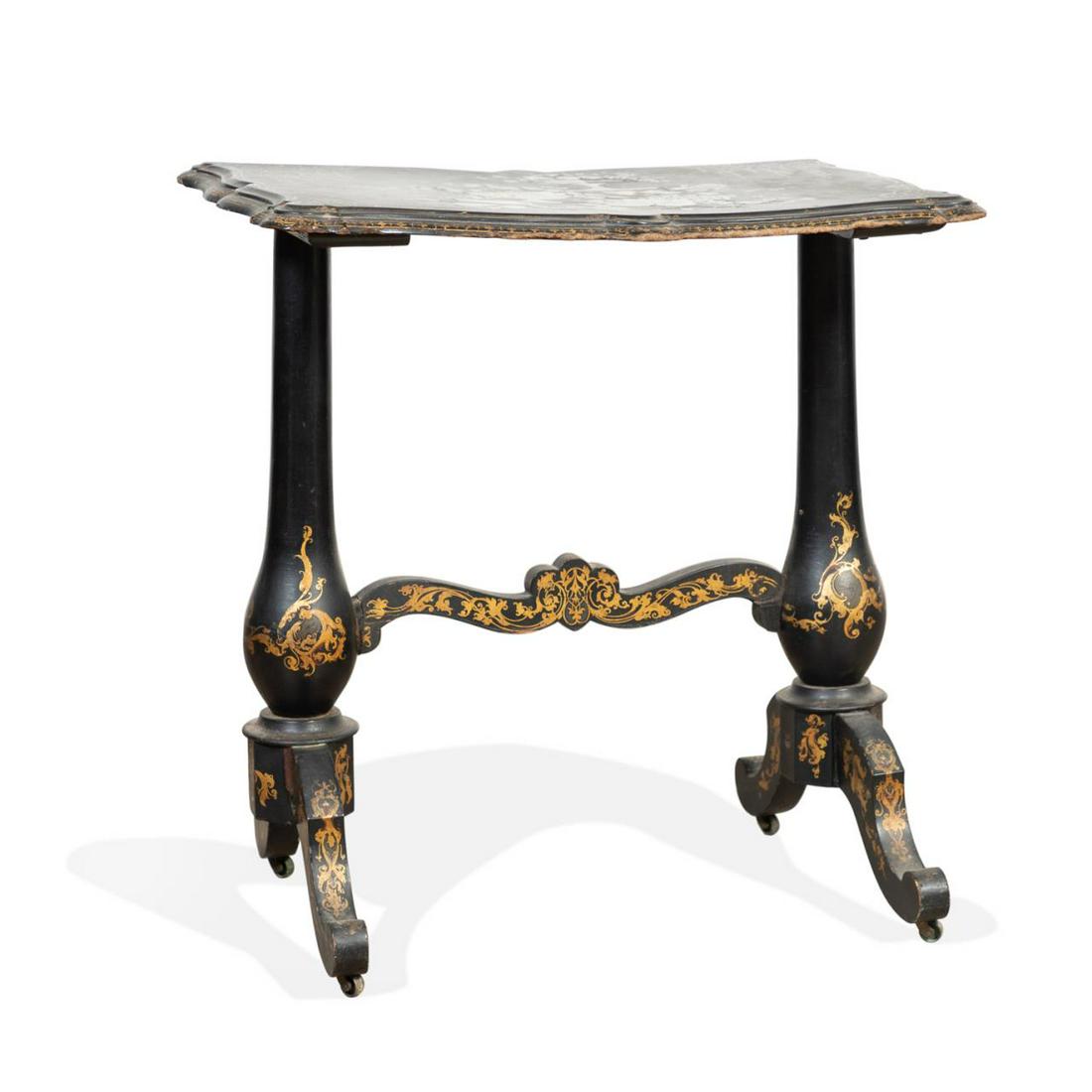 PAPIER MACHE & MOTHER OF PEARL TABLE, C. 1855 (1 of 8)