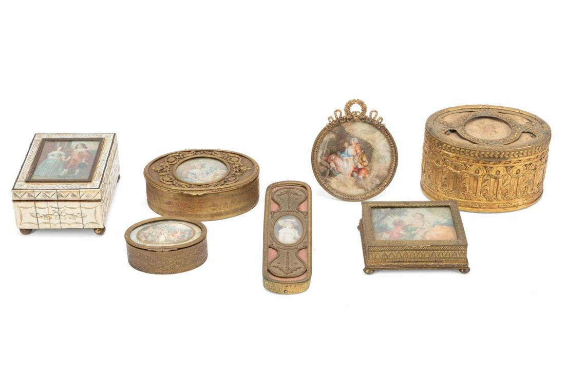 ENGLISH & FRENCH DRESSER BOXES & ACCESSORIES, 7PC: Seven piece group of dresser accessories, first half 20th century, most with painted miniature portraits and scenes including an English bone veneered box with a lid containing a painting "Prince Will