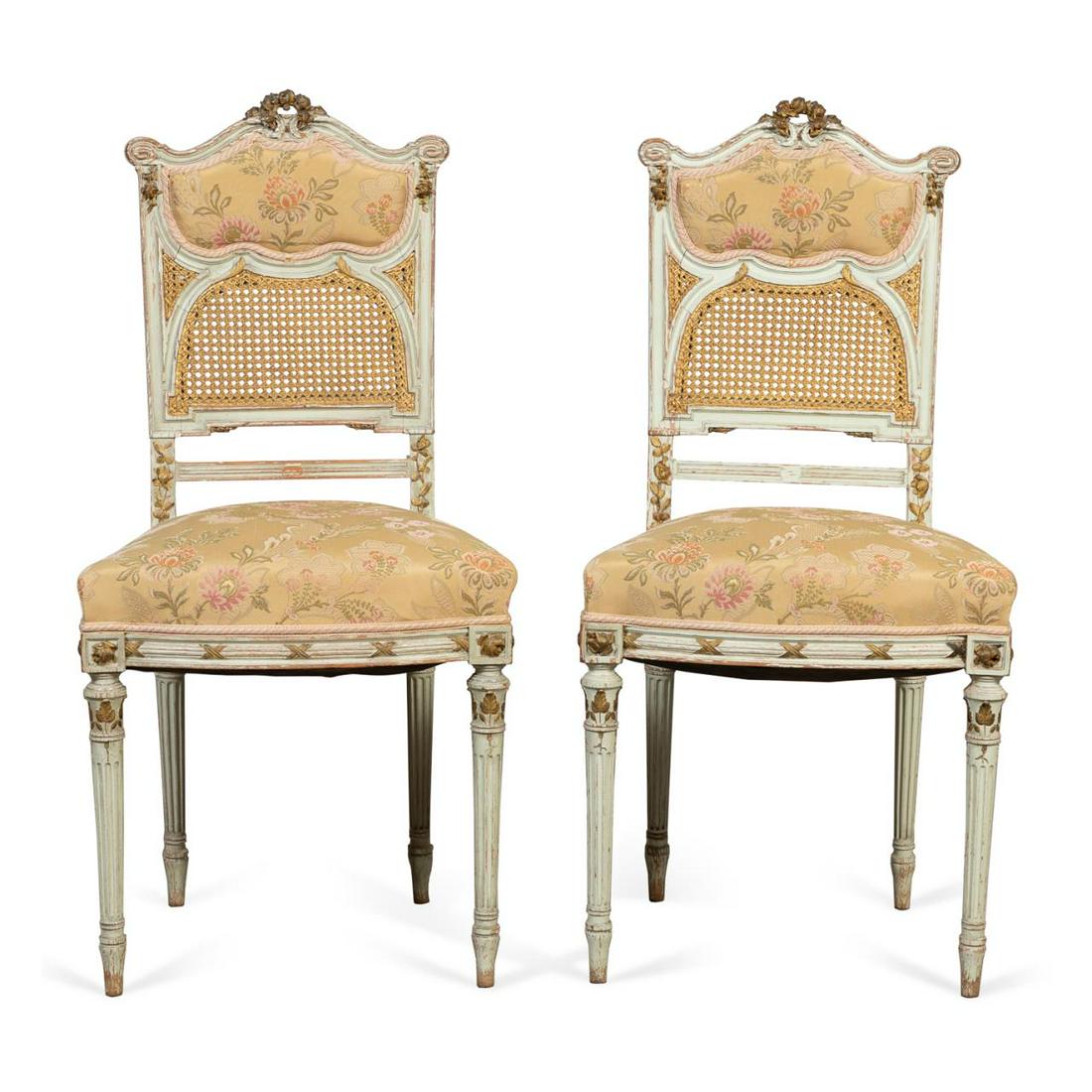 PAIR, LOUIS XVI STYLE GILT & PAINTED SIDE CHAIRS (1 of 6)