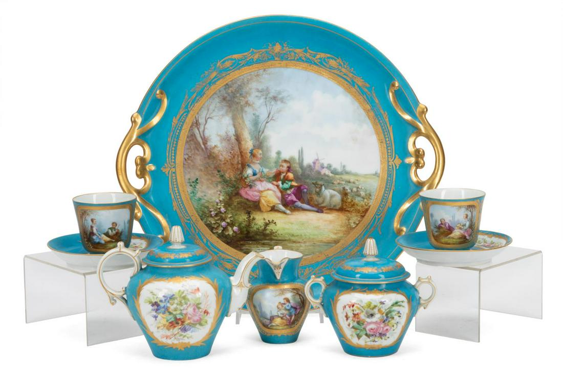 SEVRES STYLE CELESTE BLUE PORCELAIN TEA SET, 8PC (1 of 12)