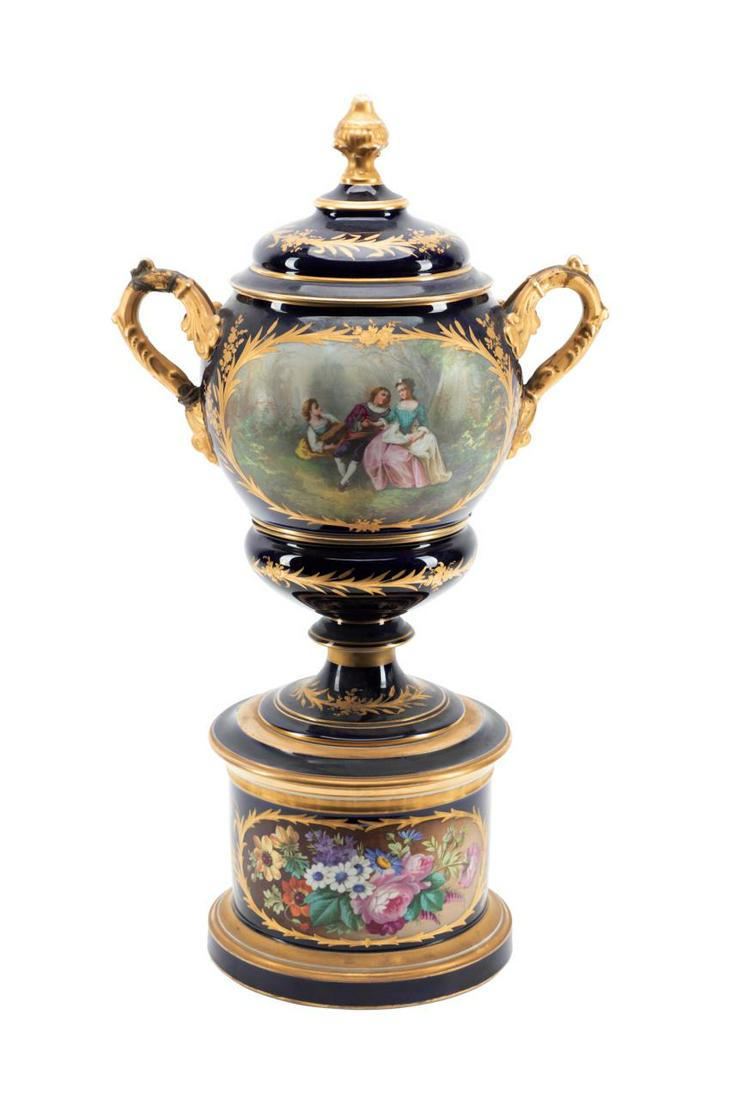 SEVRES STYLE COBALT GILT URN WITH COURTING SCENE (1 of 9)