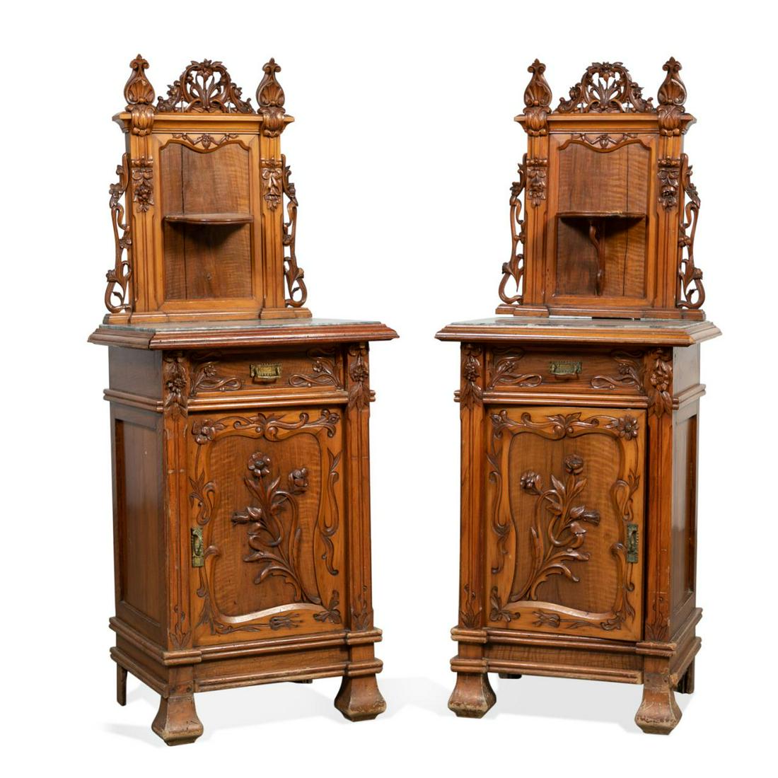PAIR, ART NOUVEAU MAHOGANY NIGHT STANDS, M/TOP (1 of 12)