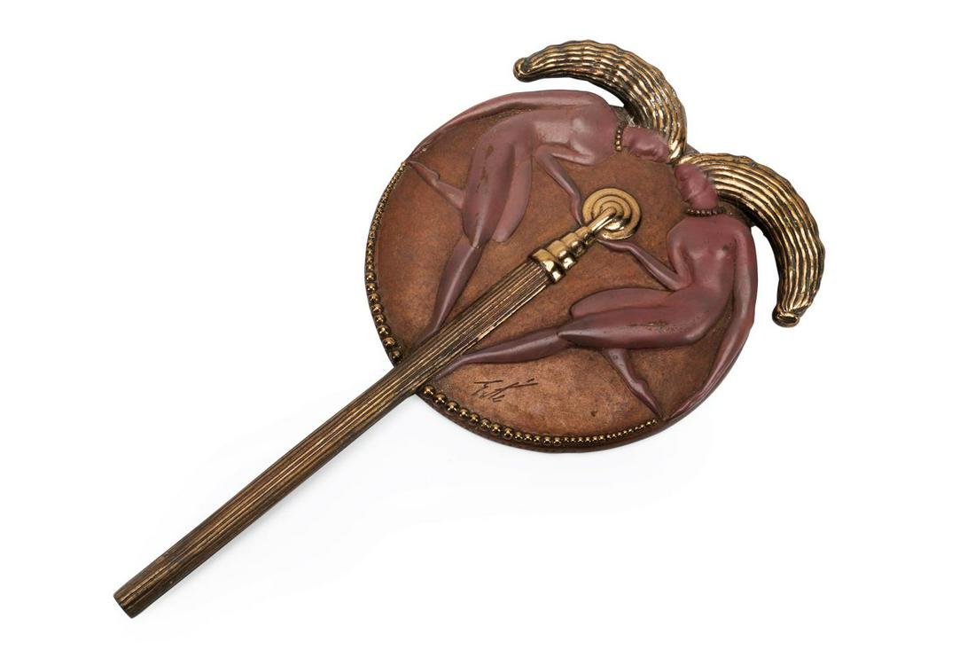 ERTE "LA JEUNE FILLE" BRONZE HAND MIRROR: Romain de Tirtoff, Erte (Russian/French,1892-1990), "La Jeune Fille" bronze hand mirror in the Art Deco taste, decorated with two nude females, signed to the front and impressed "RK Parker 1988", numb