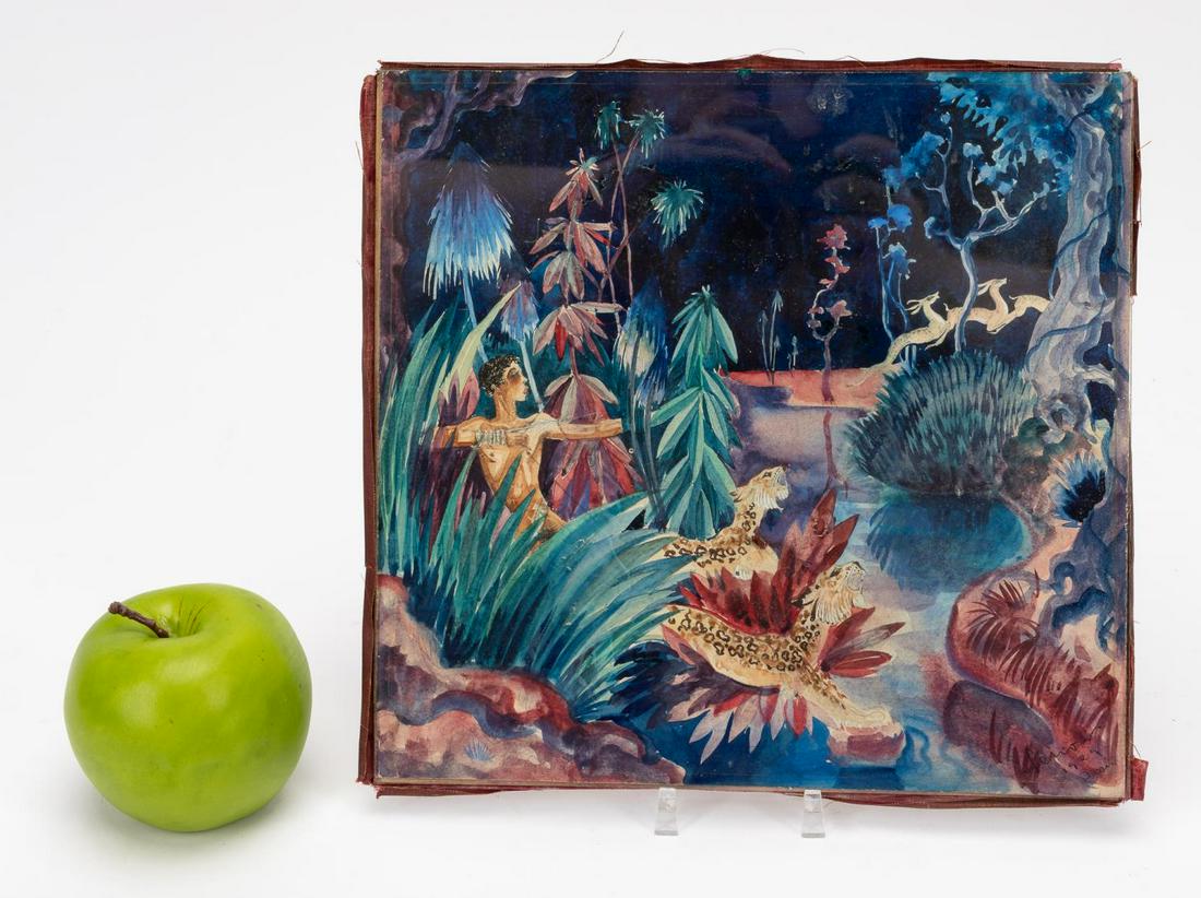 "ART DECO JUNGLE" WATERCOLOR SCENE, PARIS 1929: Continental School, "Art Deco Jungle", 1929, watercolor on paper depicting a nude figure holding a bow and arrow flanked by large cats, with antelope running in the background of the jungle at night,