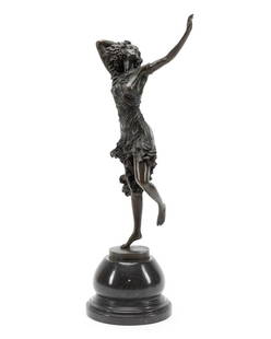 AFTER COLINET, "SUN DANCER", BRONZE SCULPTURE: "Sun Dancer" cast bronze, Art Deco style sculpture of a female dancer, after Claire Jeanne Roberte Colinet (Brazil 1880-1950), rising on a black marble plinth, signed in mold to base. Provenance: From